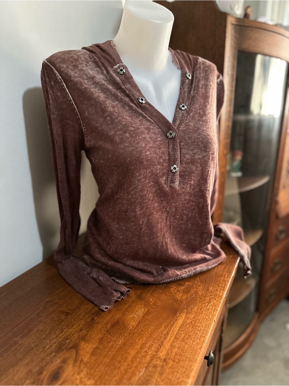 One Girl Who Washed lightweight cashmere blend Henley Hoodie with lace trim.